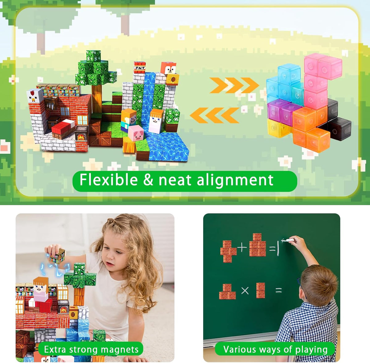 Magnetic Blocks-150PCS Grassland Magnetic Building Blocks Set, Kids Classroom Sensory Toy for Toddlers STEM Learning, Construction Stacking Toy for Kids 3+ Boys and Girls Christmas Birthday Gifts