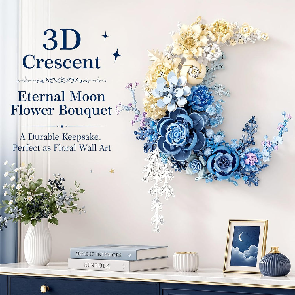 934PCS Blue Moon Flower Building Blocks Kit for Adults, Crescent Moon Botanical Art Display, Artificial Flowers Building Set for Home Décor Wall Art Decoration