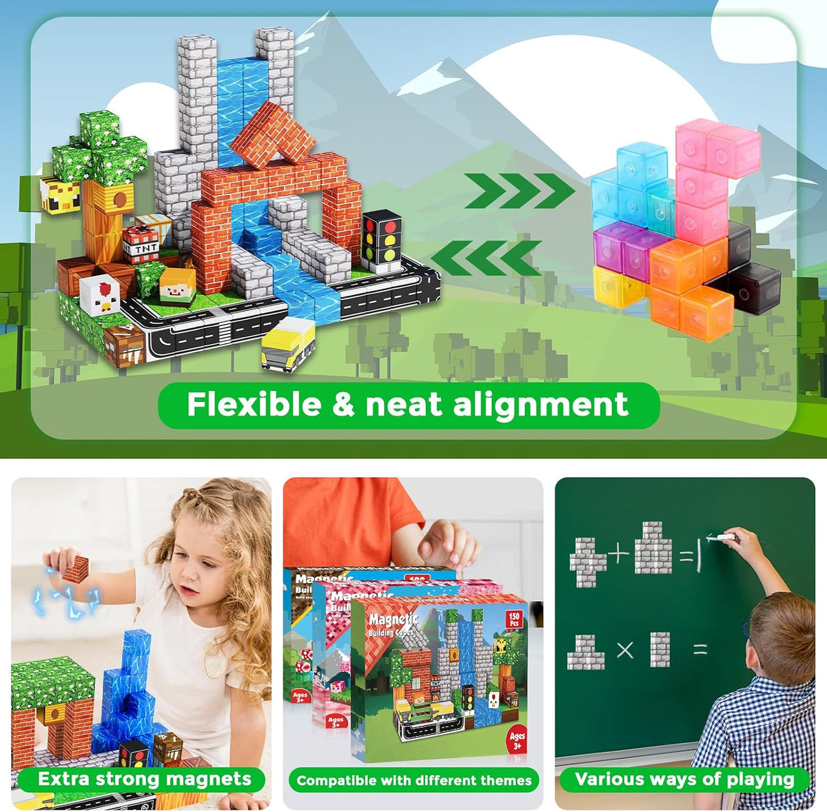 Magneverse 150 PCS Magnetic Blocks - Forest Village Building Block for Kids Ages 4-8, Magnetic Cubes for Boys Girls, STEM Educational Stacking Magnet Toy for 3 4 5 6 7 8 9 10 11 12 Birthday Gifts