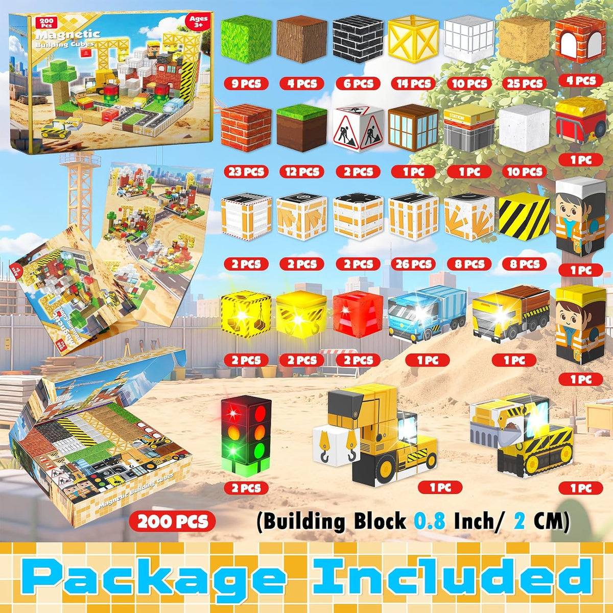 Annexfun Magnetic Blocks - 200PCS Magnetic Building Blocks with Light Up Blocks,Magnetic Cubes Road with Car STEM Kids Toys,Construction Toys for Boys & Girls & Autism Ages 3+ Birthday Gifts