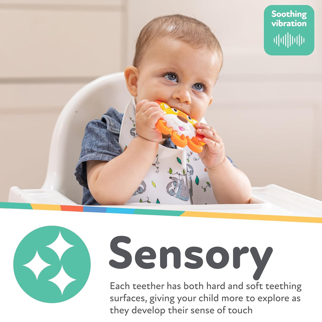 Nuby Vibe-eez Vibrating Teether - Battery Powered - Textured Surface and Easy to Grasp Toy for Baby Teething Relief - 3+ Months - Lion