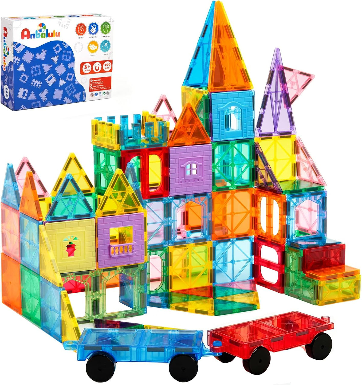 Anbalulu Magnetic Tiles 100PCS with 2 Cars, Set for Kids Ages 3-9