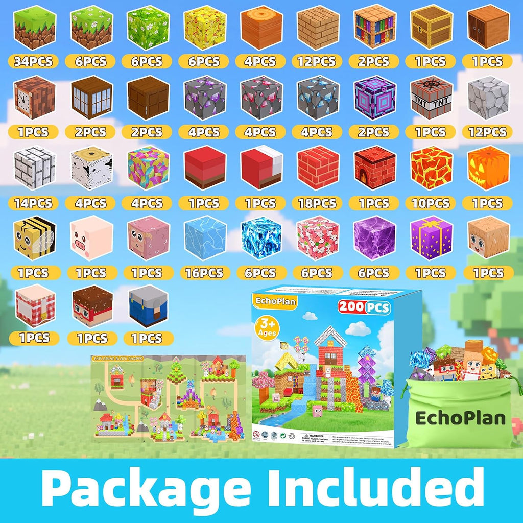 EchoPlan Magnetic Blocks, 200PCS Magnetic Building Blocks for Kids Ages 3+