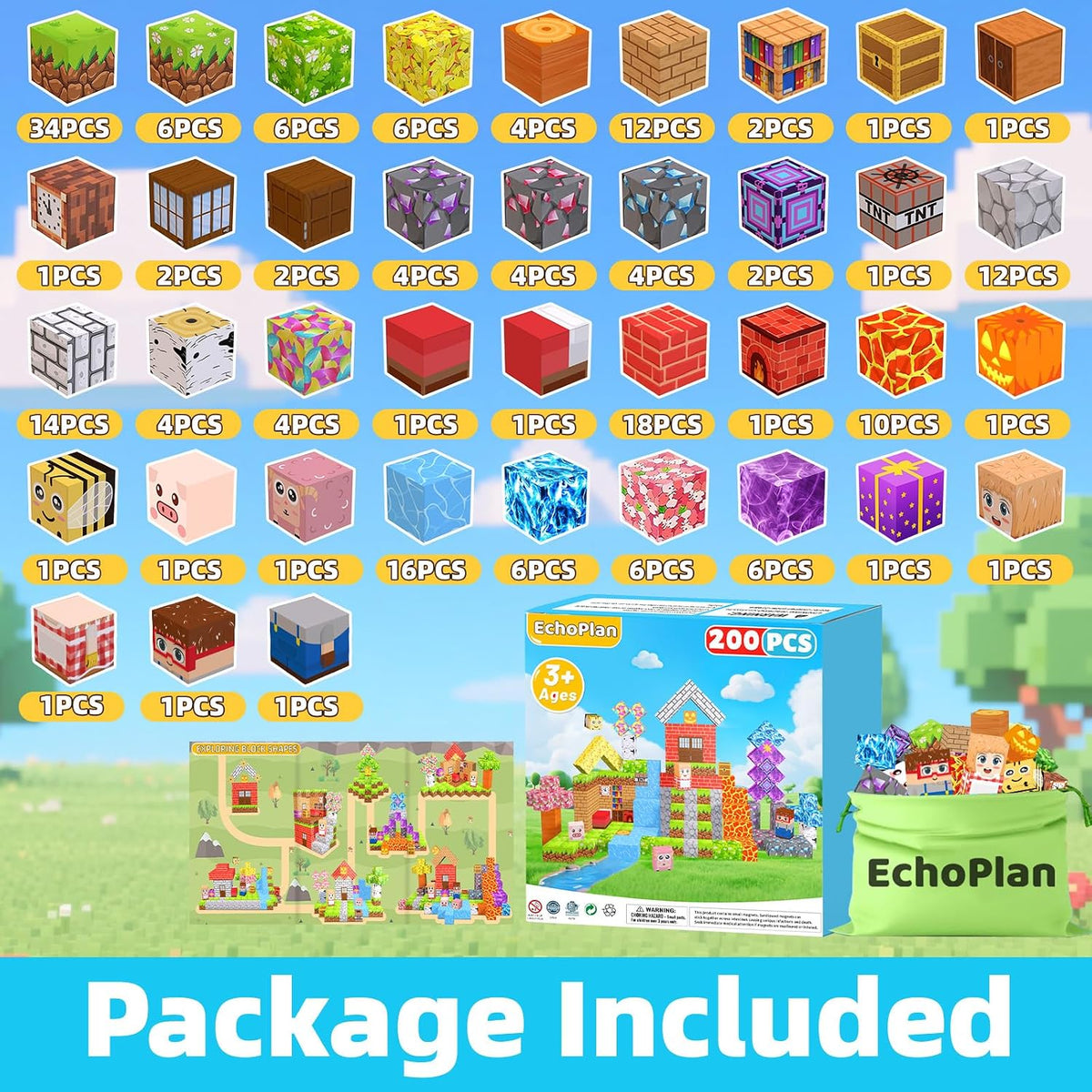 EchoPlan Magnetic Blocks, 200PCS Magnetic Building Blocks for Kids Ages 3+