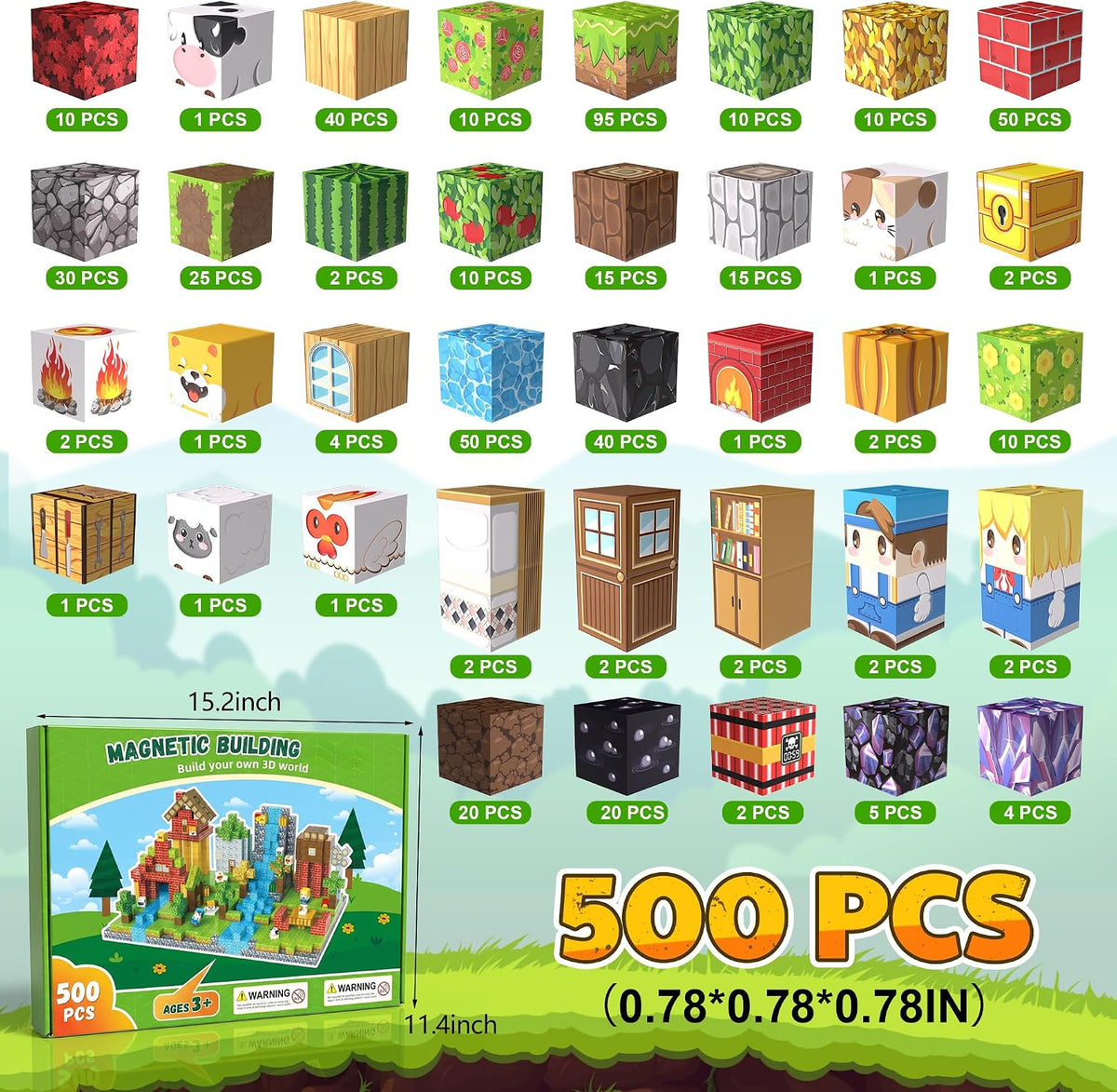 500PCS Magnetic Blocks, Magnetic Building Blocks, 0.98in Magnetic Building