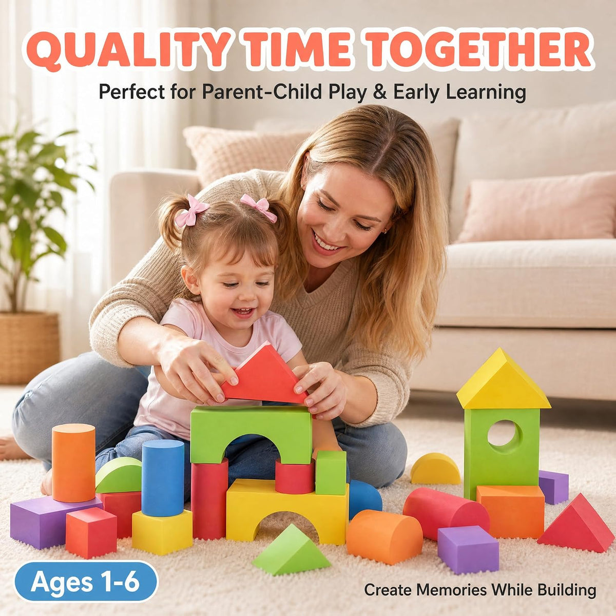 Large Building Foam Blocks for Toddlers - Tacking Soft Blocks for Kids - Shapes & Colors Learning for Kids - Construction Building Preschool Toys for Boys & Girls (30 Pieces)