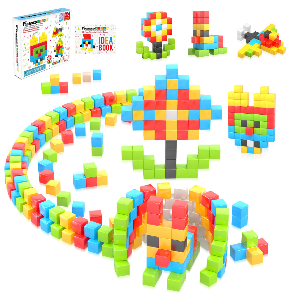 PicassoTiles 108 Piece Magnetic Cubes, 1 Inch STEM Building Set for Kids 3+