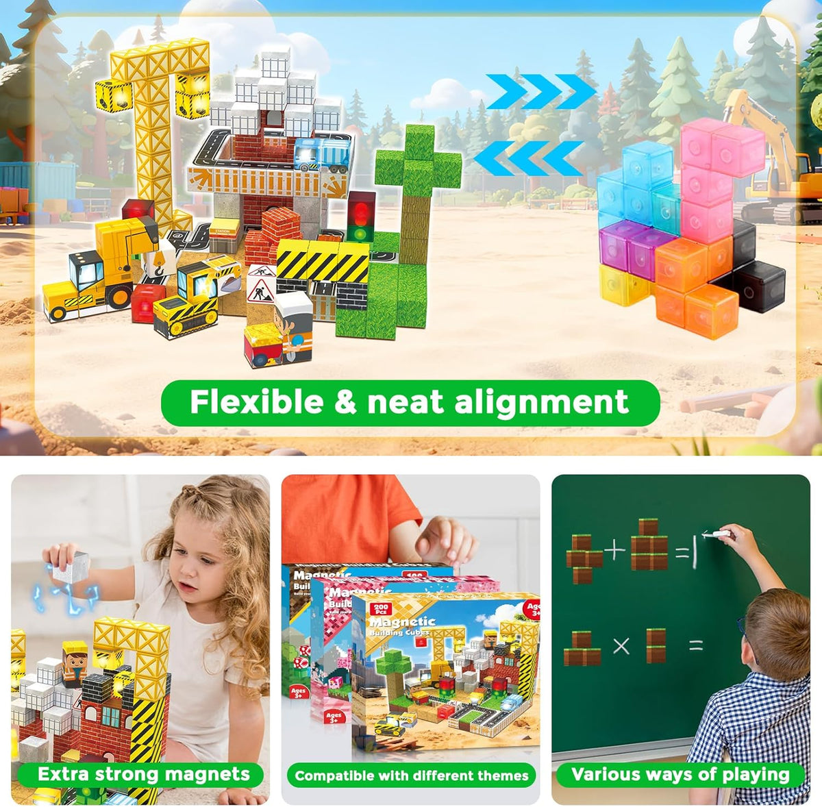 Annexfun Magnetic Blocks - 200PCS Magnetic Building Blocks with Light Up Blocks,Magnetic Cubes Road with Car STEM Kids Toys,Construction Toys for Boys & Girls & Autism Ages 3+ Birthday Gifts