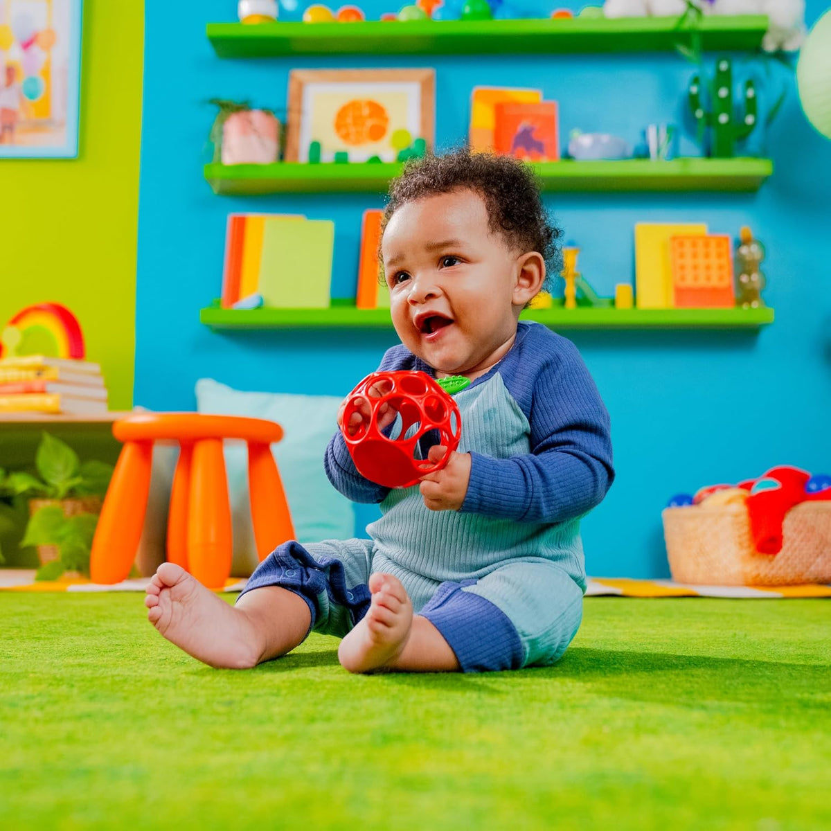 Bright Starts Oball Easy Grasp Red Apple Teether Toy, Hold My Own Collection, BPA Free, Unisex, Newborn and Up
