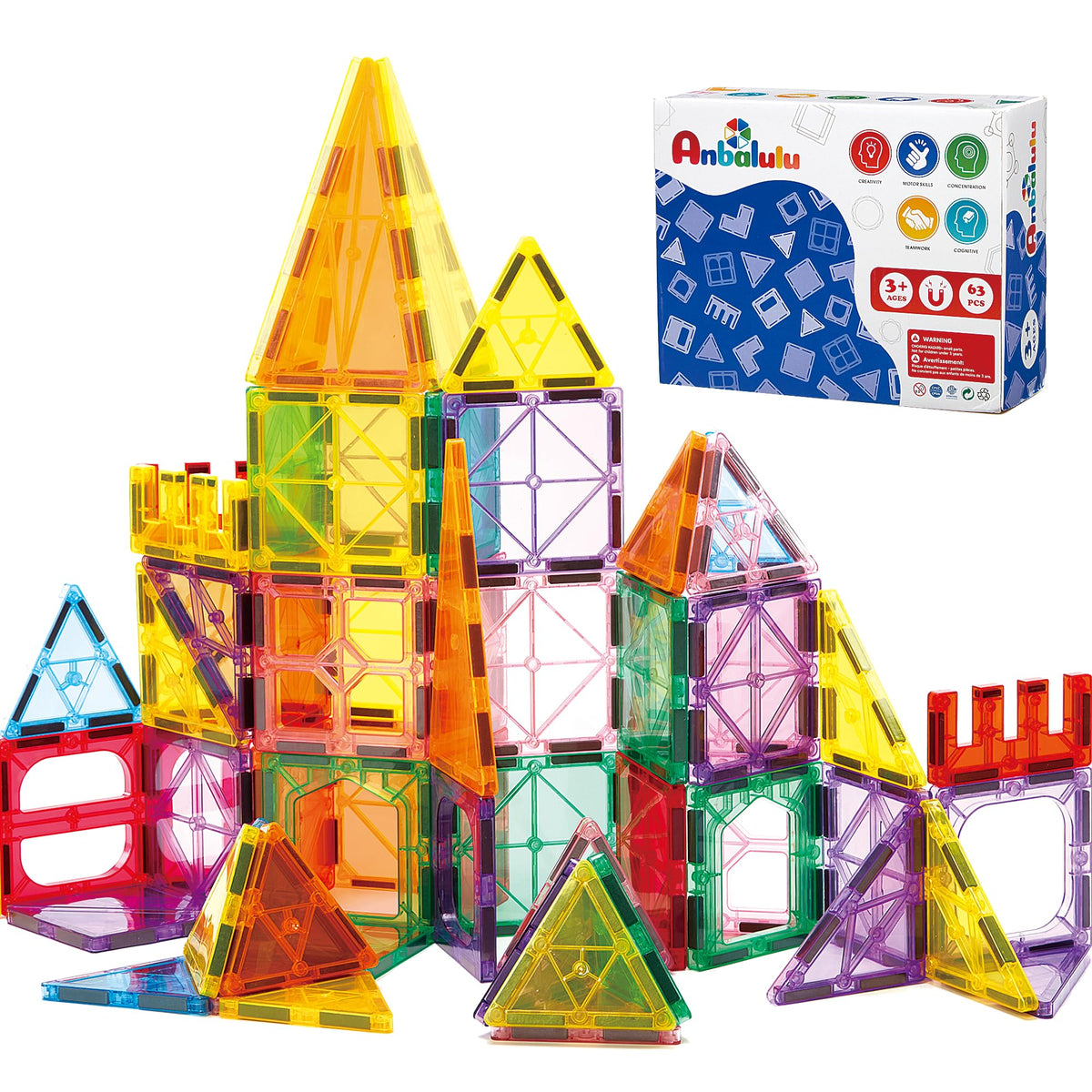 Anbalulu Magnetic Tiles 100PCS with 2 Cars, Set for Kids Ages 3-9