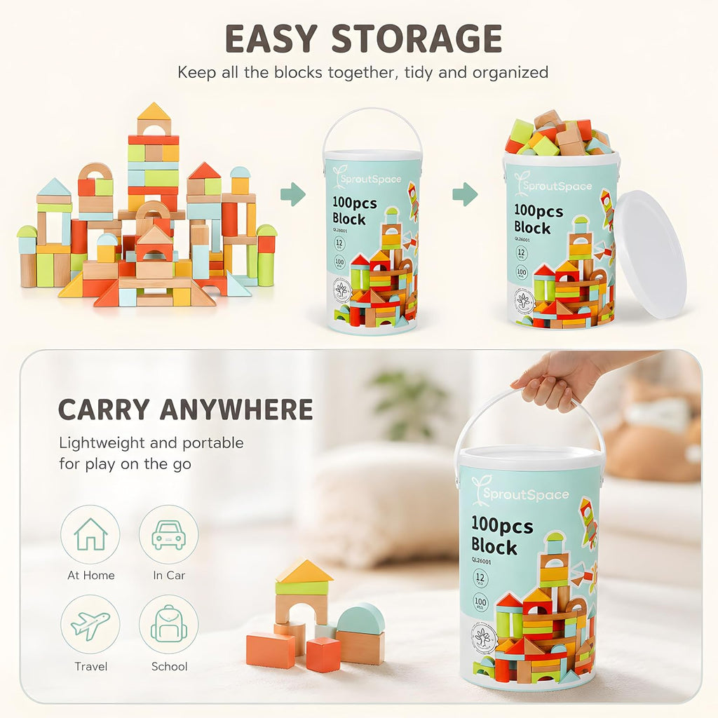 100pcs Wooden Blocks for Toddlers 1-3, with Storage Bucket