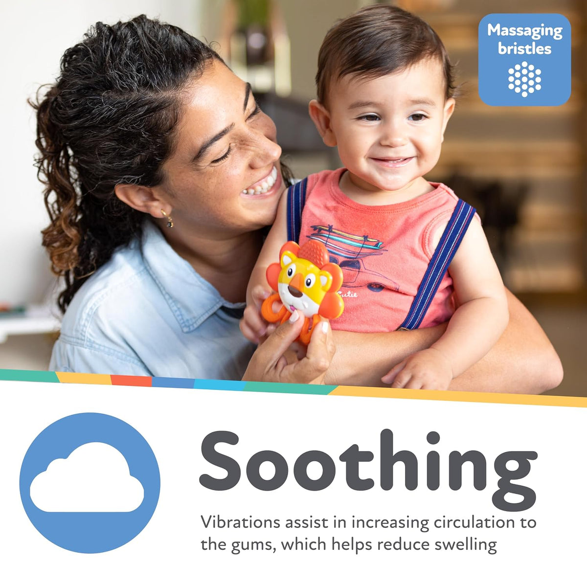 Nuby Vibe-eez Vibrating Teether - Battery Powered - Textured Surface and Easy to Grasp Toy for Baby Teething Relief - 3+ Months - Lion