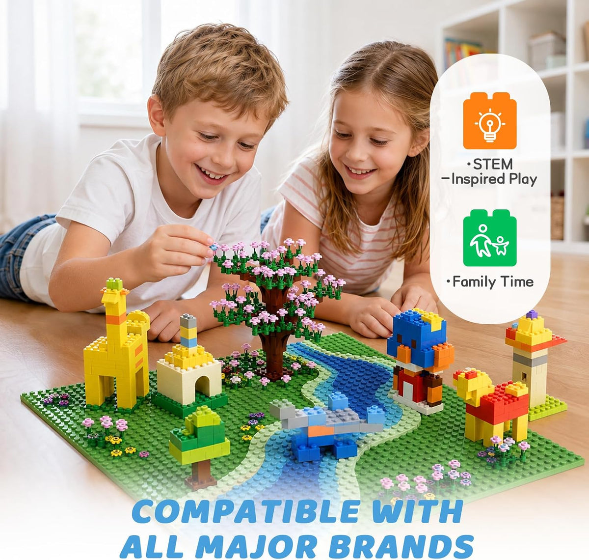 1800 Pieces Building Bricks Set,Building Bulks Blocks with 2 Packs 24x24 Studs Sticky Plates,205 Pcs Flowers and Tree Set, 14 Colors 18 Random Bulk Shapes, Creative Toy Gift for Boys Girls