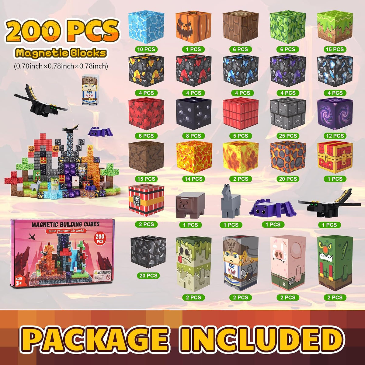 200PCS Magnetic Blocks, Magnetic Building Blocks, 0.78in Magnetic Building