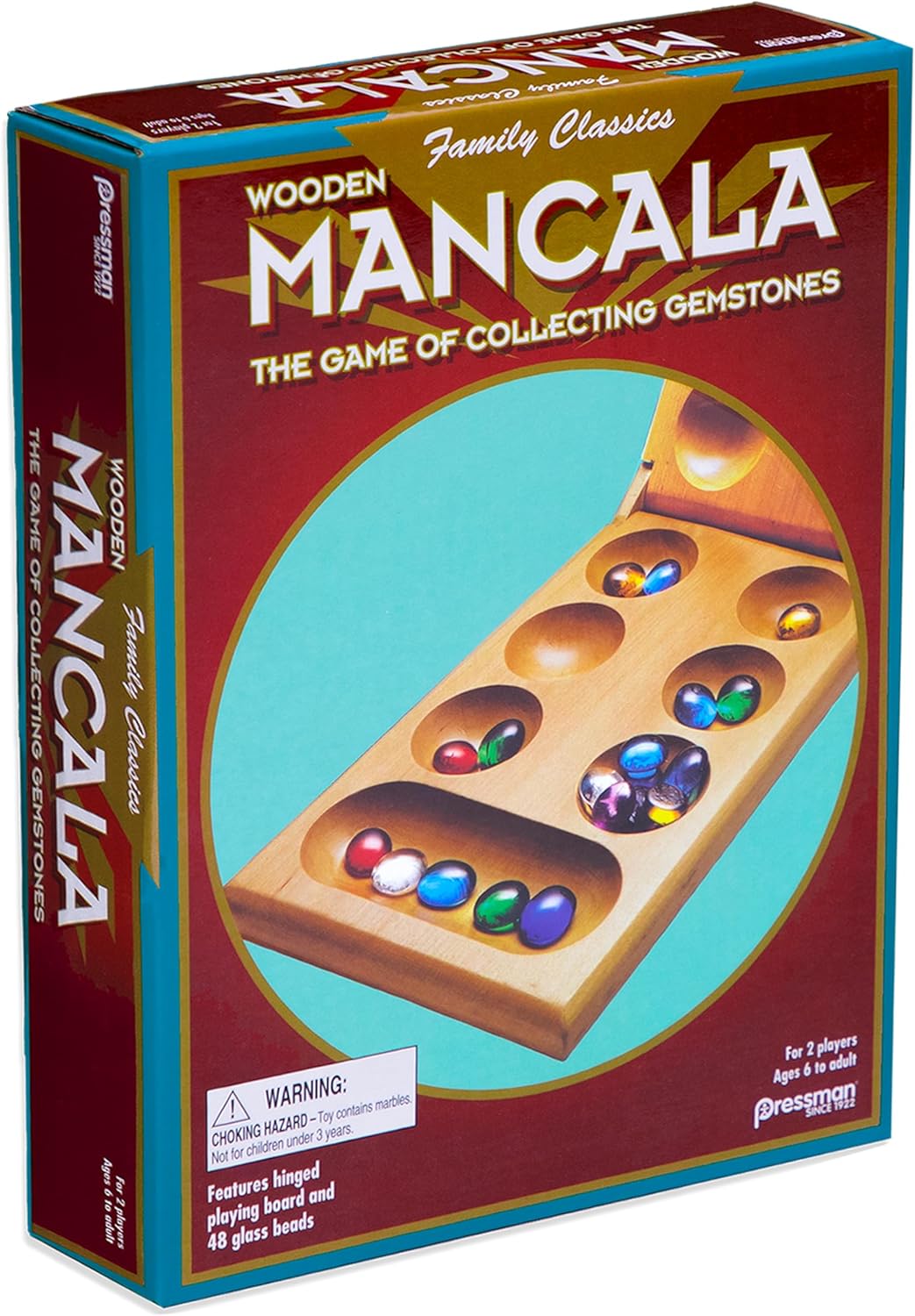 Pressman Mancala Board Game | Fun Classic Table for Adults & Kids | Includes 48 Glass Mancala Stones and Wood Hinged Playing Board | 2 Players, Ages 6+