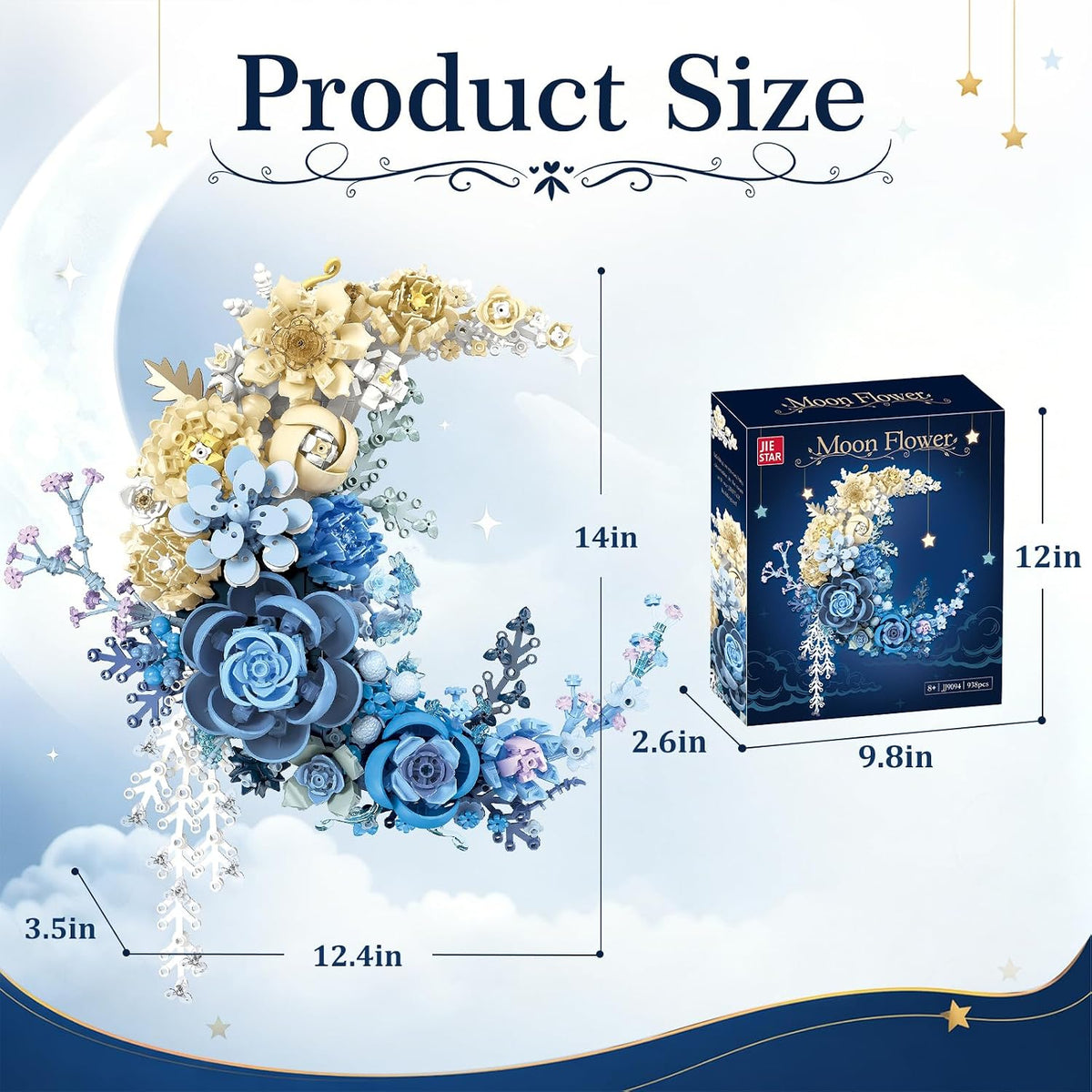934PCS Blue Moon Flower Building Blocks Kit for Adults, Crescent Moon Botanical Art Display, Artificial Flowers Building Set for Home Décor Wall Art Decoration