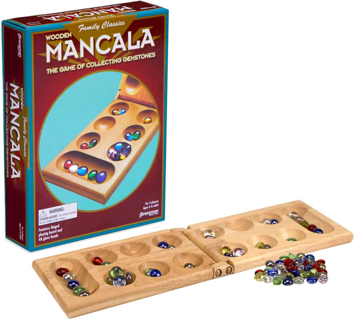 Pressman Mancala Board Game | Fun Classic Table for Adults & Kids | Includes 48 Glass Mancala Stones and Wood Hinged Playing Board | 2 Players, Ages 6+