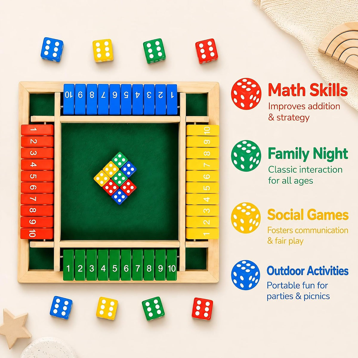 Shut The Box Classic Dice Board Game With Math Strategy For Family