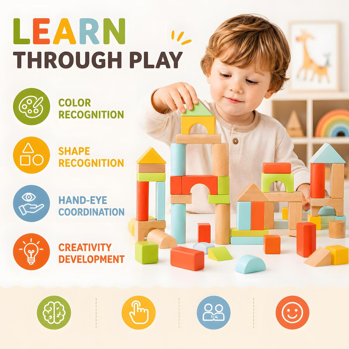 100pcs Wooden Blocks for Toddlers 1-3, with Storage Bucket