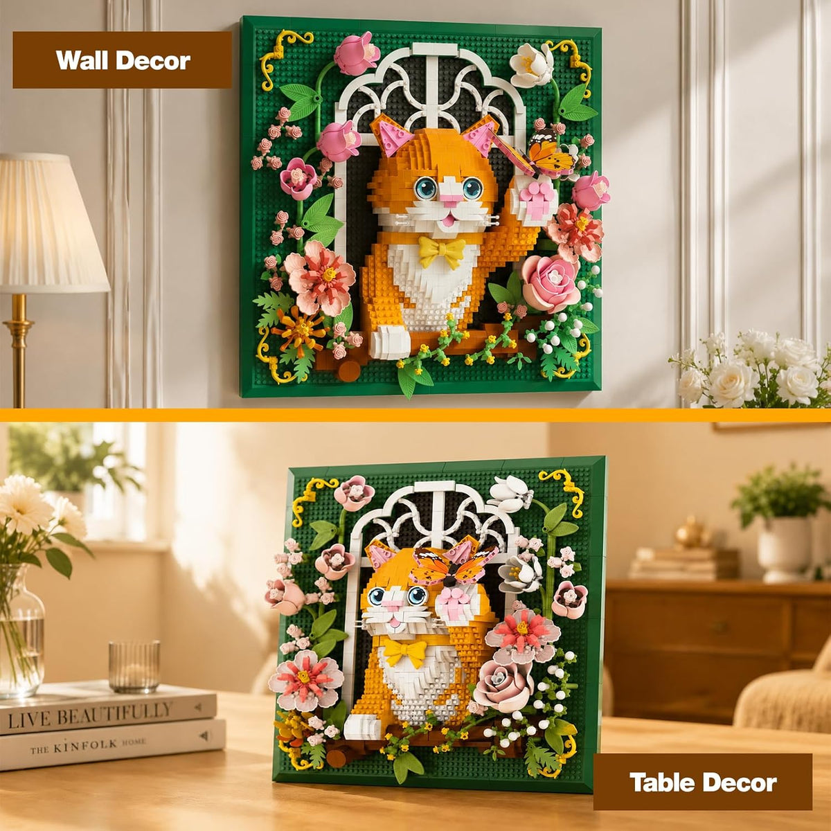 VZO Flower Orange Cat with Butterfly Animal 3D Wall Art Micro Building Set