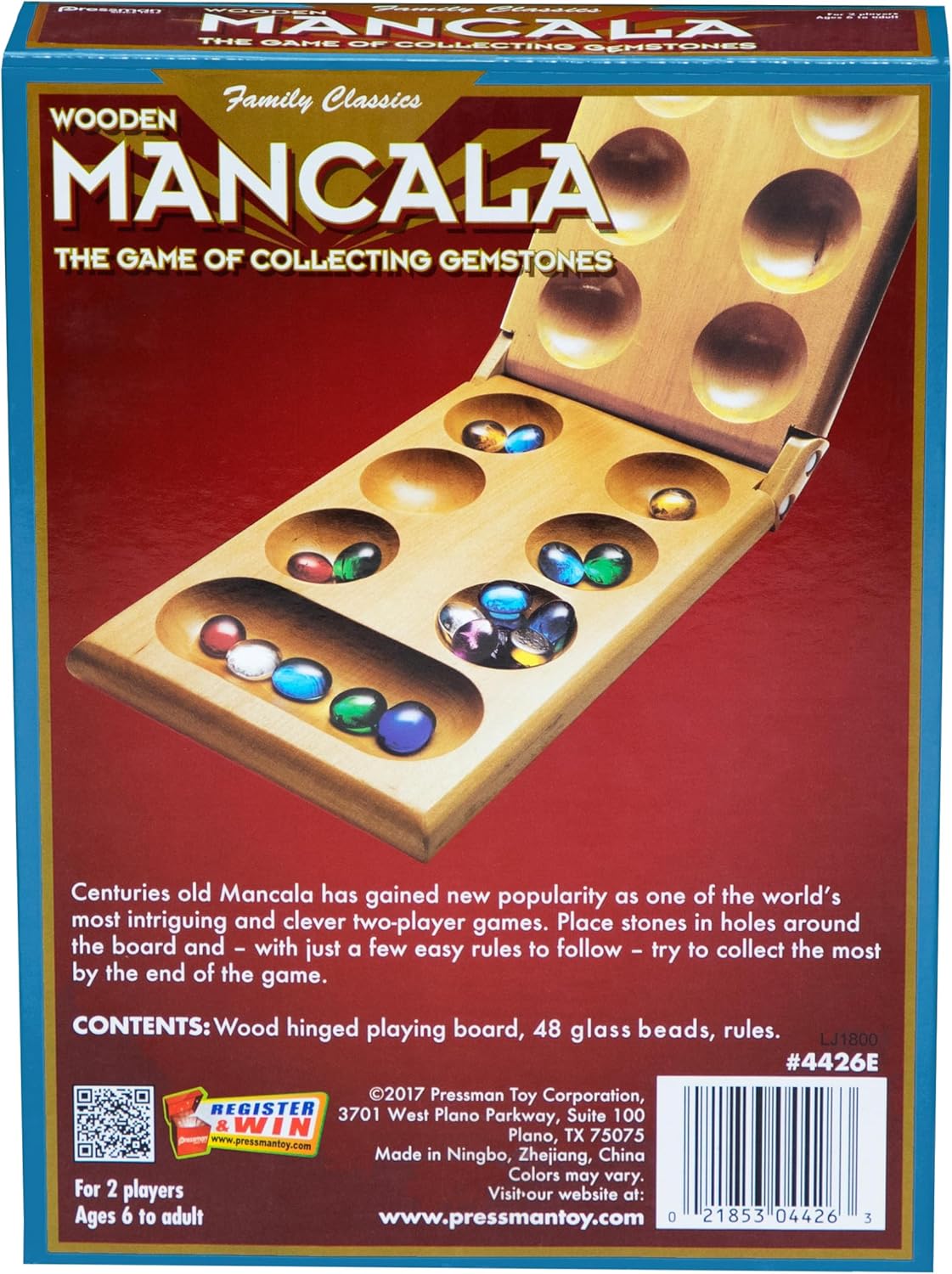 Pressman Mancala Board Game | Fun Classic Table for Adults & Kids | Includes 48 Glass Mancala Stones and Wood Hinged Playing Board | 2 Players, Ages 6+