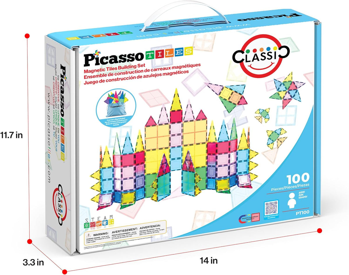 PicassoTiles 100 Piece Magnetic Tiles, Clear 3D Building Blocks for Kids 3+
