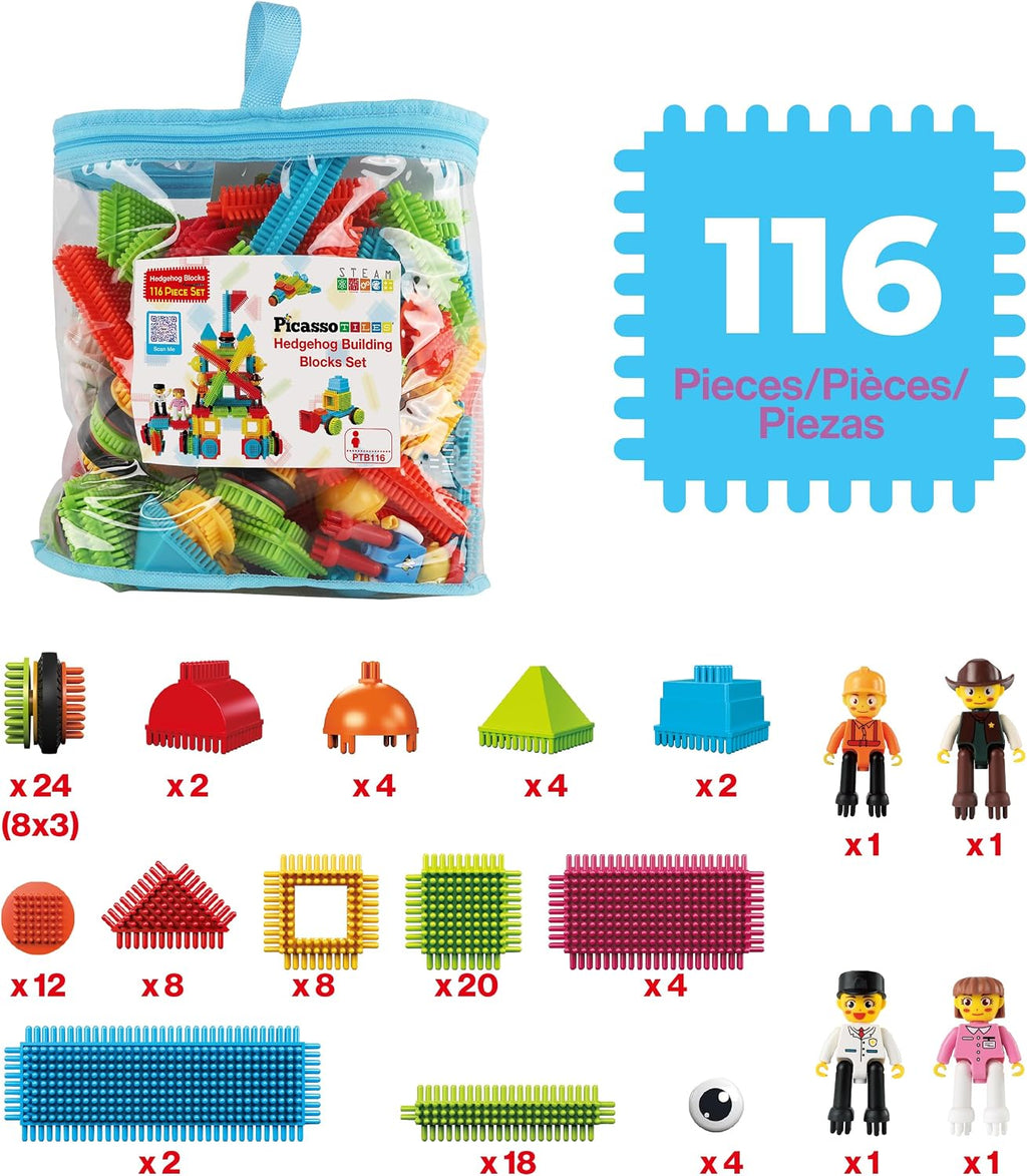 PicassoTiles 116 Piece Hedgehog Building Blocks, STEM Toy Set Kids Ages 3+