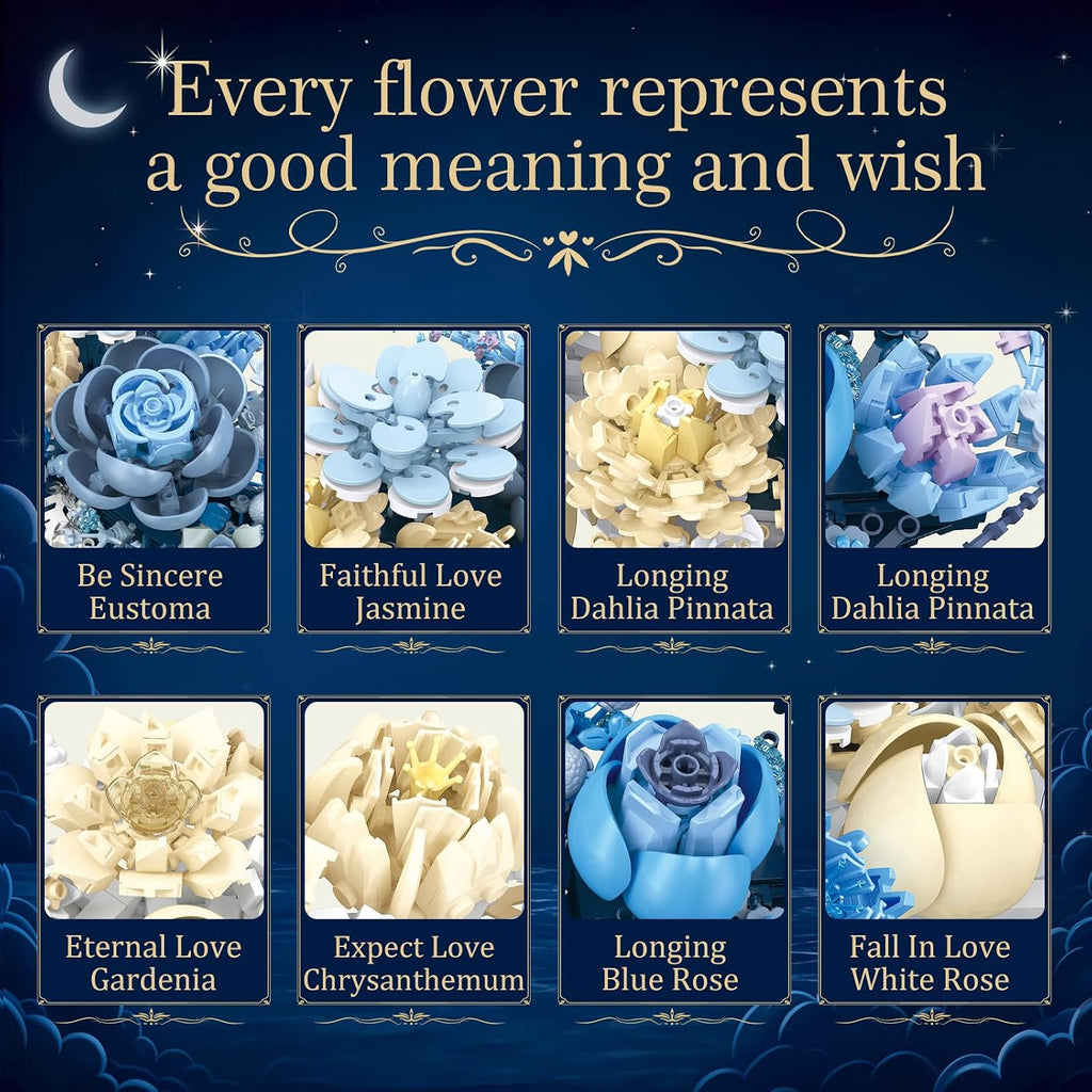 934PCS Blue Moon Flower Building Blocks Kit for Adults, Crescent Moon Botanical Art Display, Artificial Flowers Building Set for Home Décor Wall Art Decoration