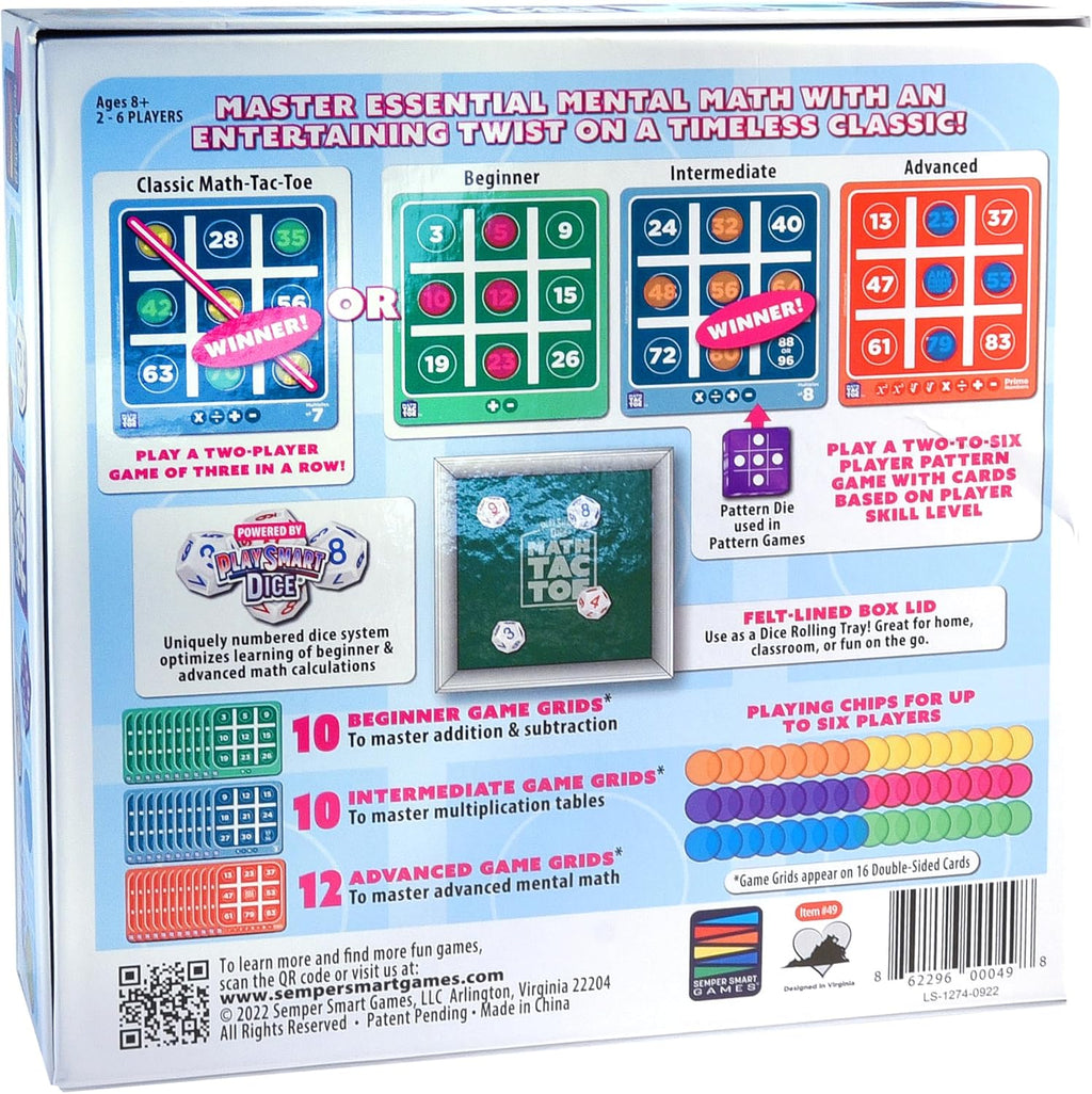 Semper Smart Games PlaySmart Dice Math-Tac-Toe Math Game: Get Sharp on Mental Math with a Fun New Twist on a Timeless Classic! Multiple Skill-leveled Math Bingo Made Fun for 8 and up!