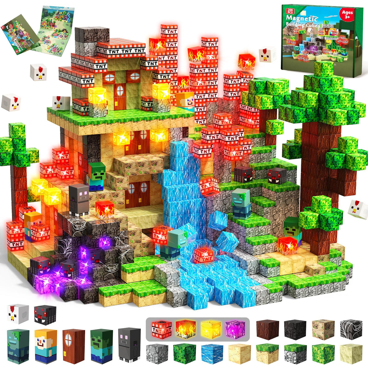 200 PCS Magnetic Blocks with Light Up Blocks - Magnetic Building Blocks, Magnetic Construction Cube Toys, STEM Sensory Learning Toys, Easter Christmas Birthday Gifts for Toddlers Boys and Girls Age 3+