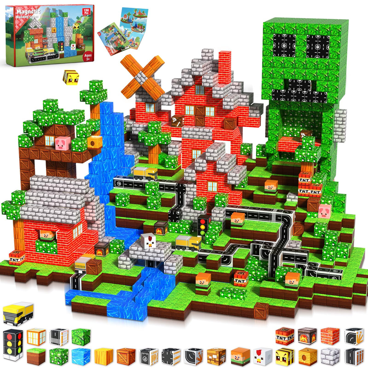 Annexfun Magnetic Blocks-100PCS Magnetic Building Blocks, Magnetic Blocks Road with Car STEM Toddler Kids Toys, Construction Toys for Kids Ages 3+, Christmas Birthday Gifts for Boys & Girls