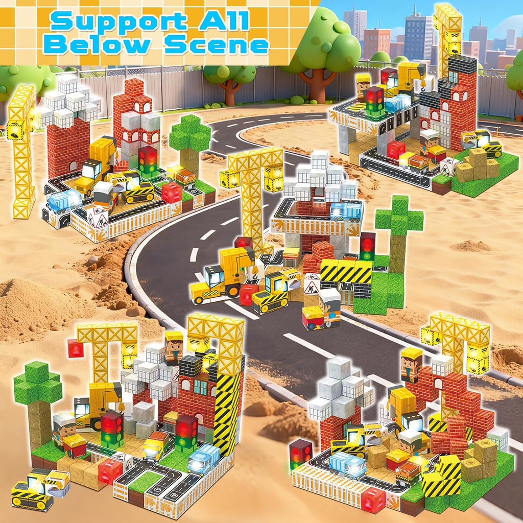 Annexfun Magnetic Blocks - 200PCS Magnetic Building Blocks with Light Up Blocks,Magnetic Cubes Road with Car STEM Kids Toys,Construction Toys for Boys & Girls & Autism Ages 3+ Birthday Gifts