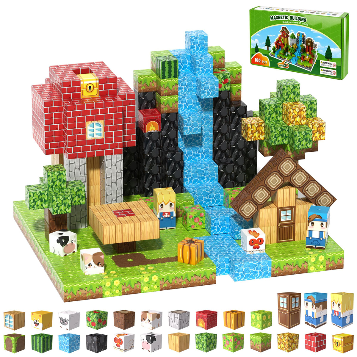 200PCS Magnetic Building Blocks Set, Magnetic Tiles Kids Build Cubes STEM Game Toys, Build Forest World Set, Christmas Birthday Gifts for Boys & Girls Age 3 4 5 6 7 8 9 10, 0.78 in Size