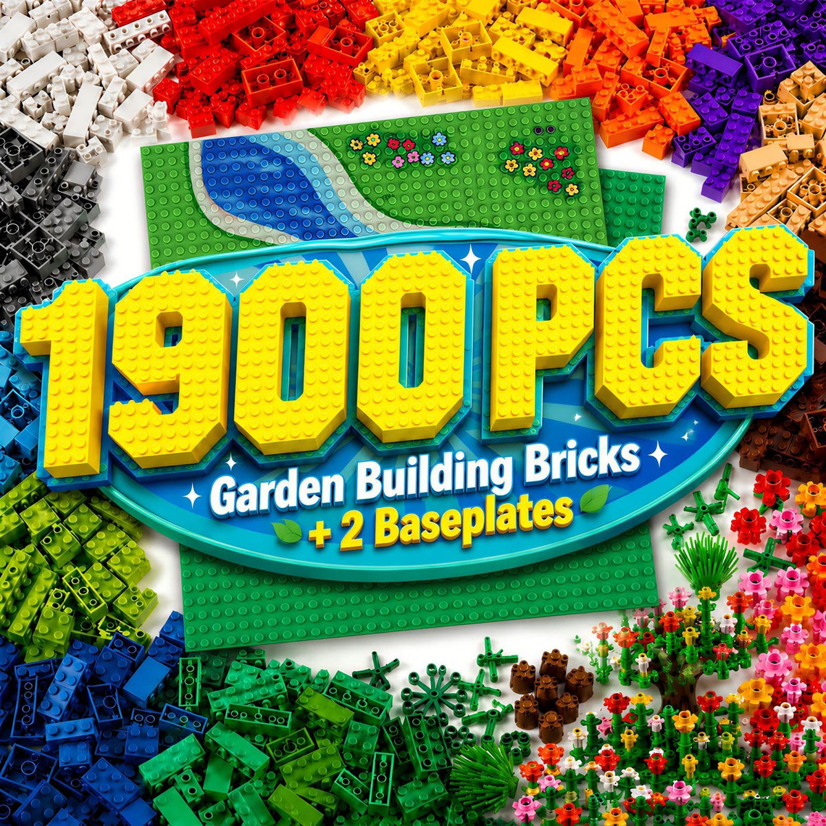 1800 Pieces Building Bricks Set,Building Bulks Blocks with 2 Packs 24x24 Studs Sticky Plates,205 Pcs Flowers and Tree Set, 14 Colors 18 Random Bulk Shapes, Creative Toy Gift for Boys Girls