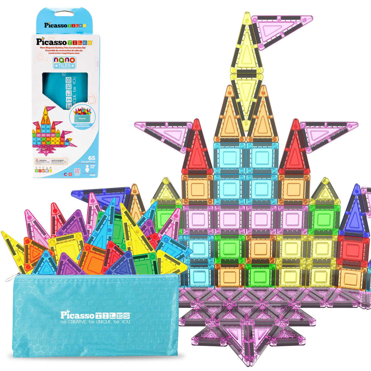 PicassoTiles 60 Piece Magnetic Tiles Clear 3D Building Blocks STEM Ages 3+