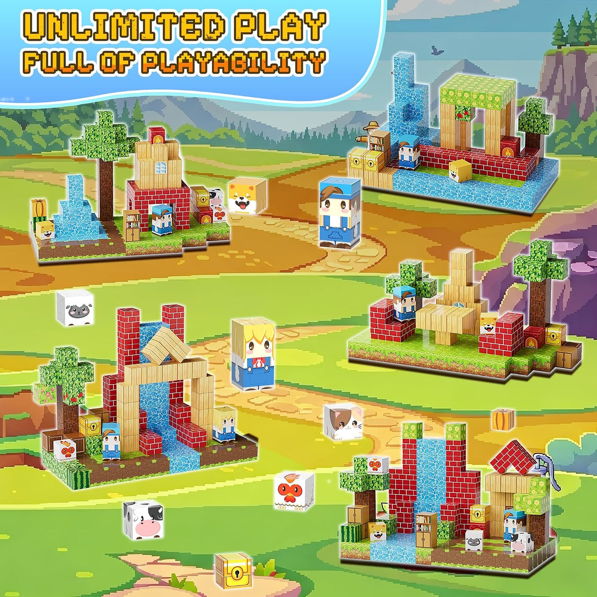200PCS Magnetic Building Blocks Set, Magnetic Tiles Kids Build Cubes STEM Game Toys, Build Forest World Set, Christmas Birthday Gifts for Boys & Girls Age 3 4 5 6 7 8 9 10, 0.78 in Size