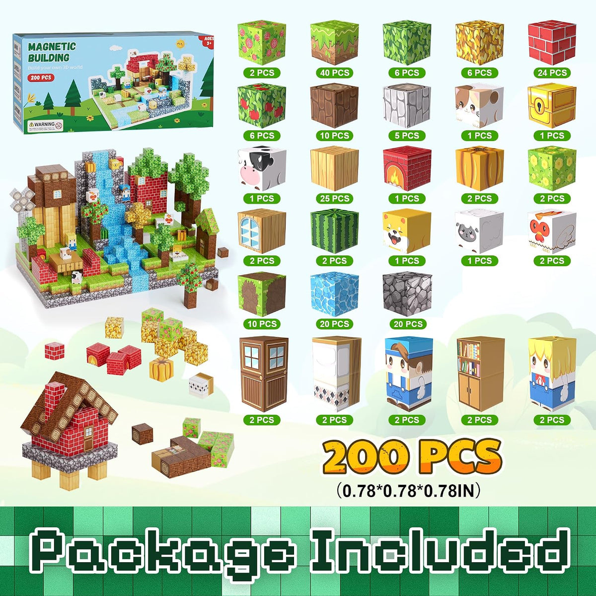 200PCS Magnetic Building Blocks Set, Magnetic Tiles Kids Build Cubes STEM Game Toys, Build Forest World Set, Christmas Birthday Gifts for Boys & Girls Age 3 4 5 6 7 8 9 10, 0.78 in Size